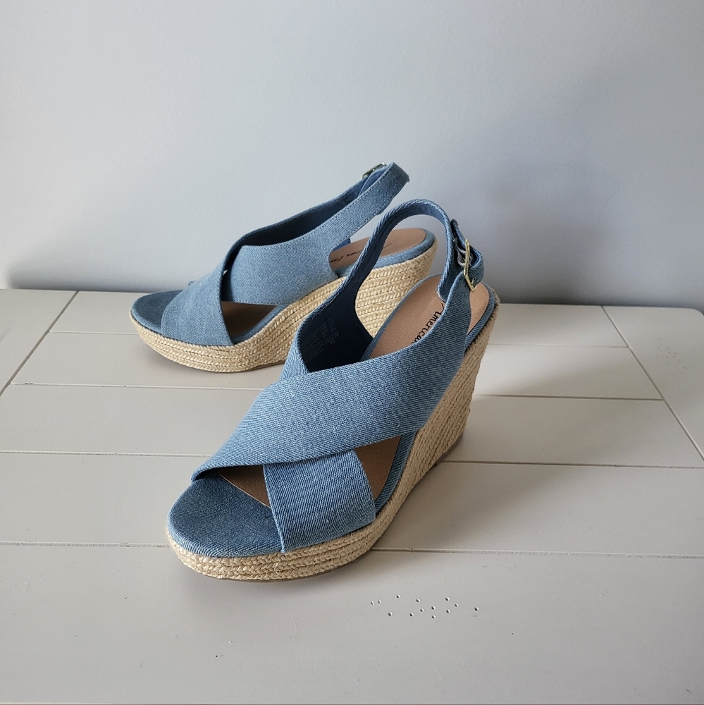 American Eagle blue wedge sandals, size 10, never worn.